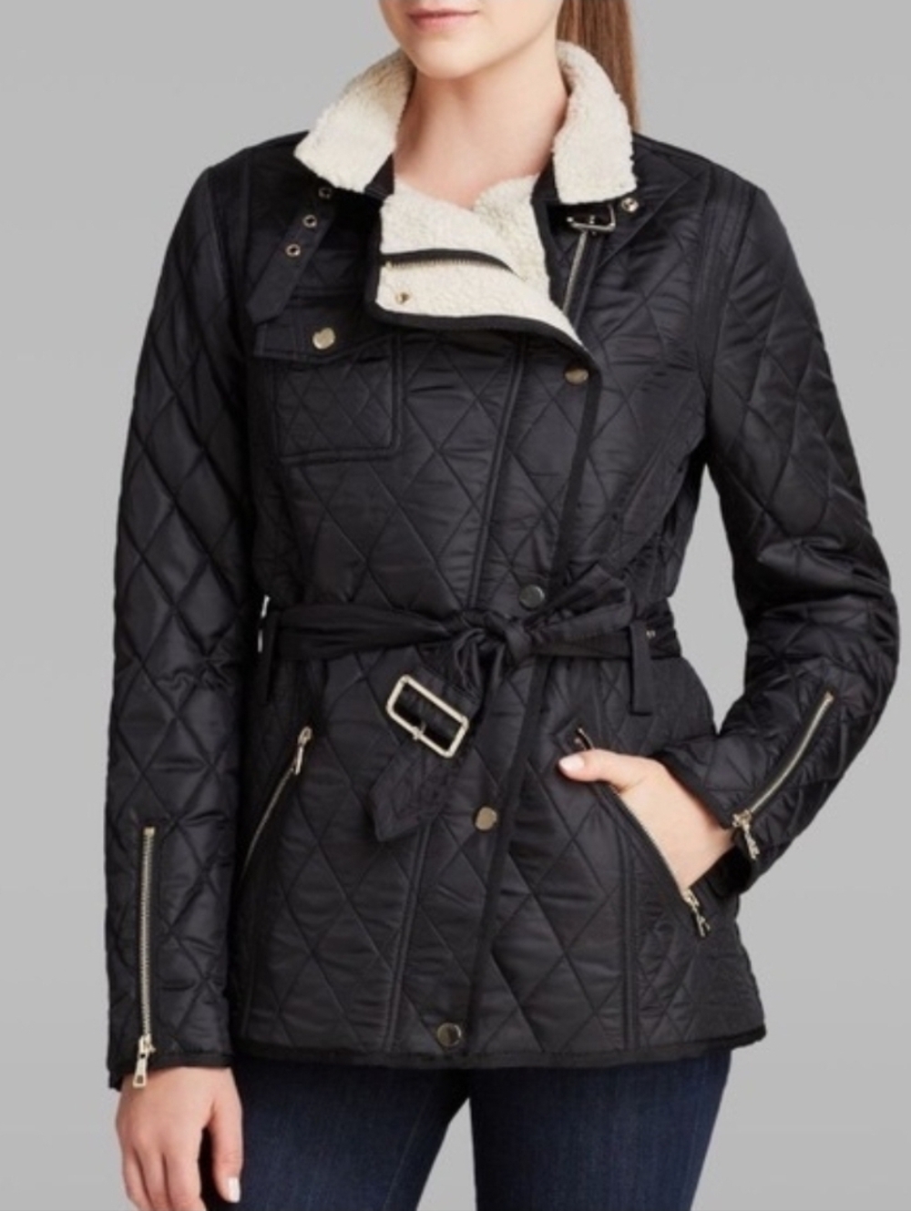 Sam Edelman Rylie Black Quilted Moto Jacket With Sherpa Lining Sz Lg